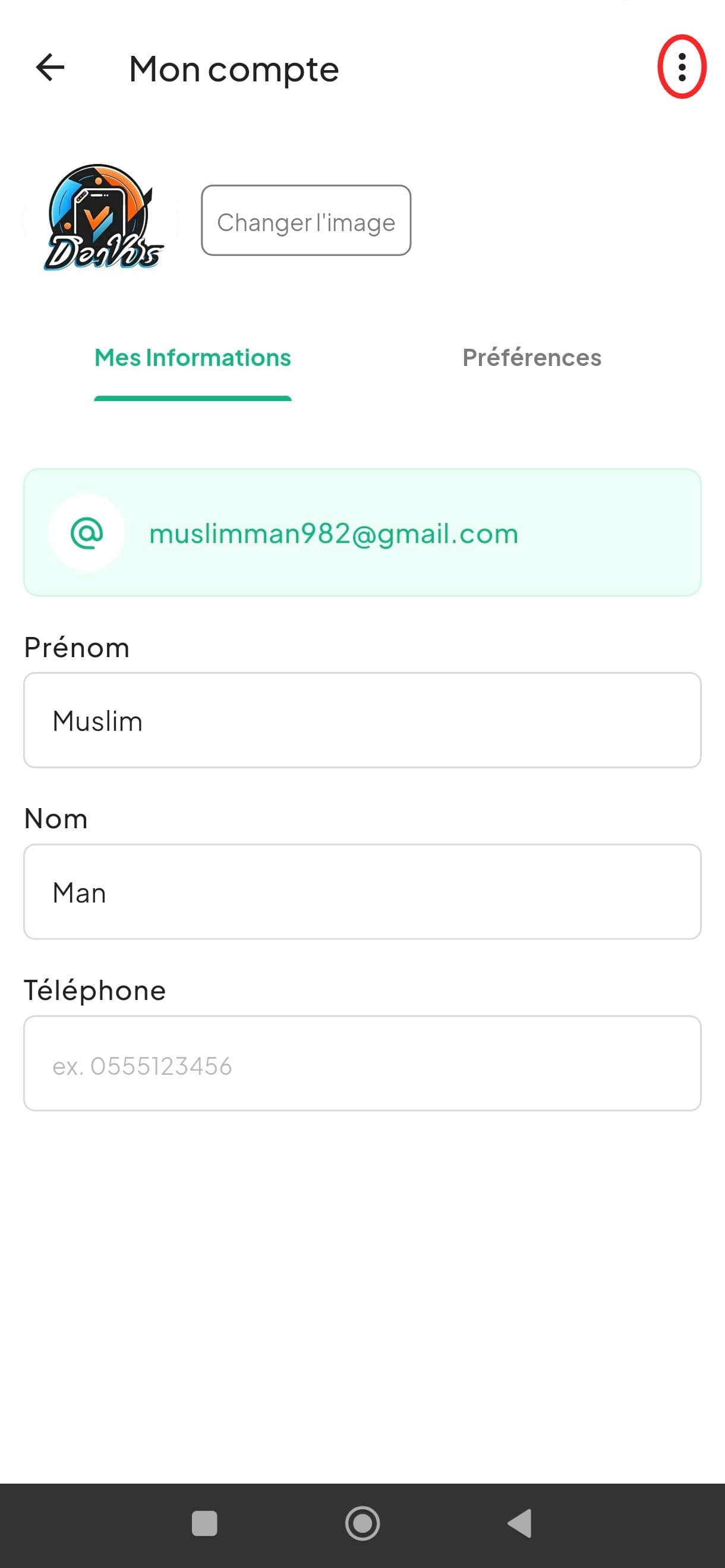 Écran « Mon compte » avec le menu des options