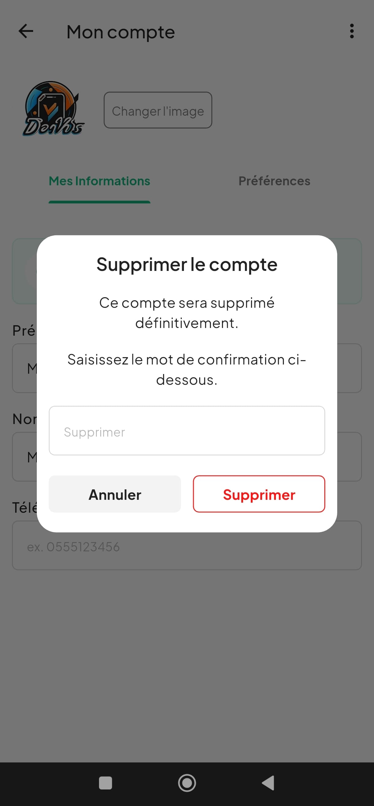 Fenêtre de confirmation de suppression du compte